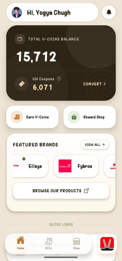 Vardhman Saathi home screen with a dealer's V-Coin balance